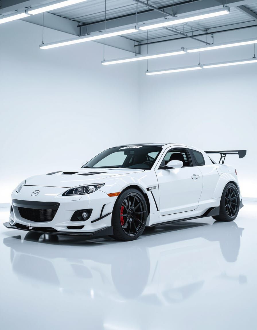 White Mazda RX-8 with Custom Body Kit in Studio
