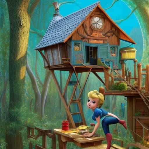 Tinkerbell in Treehouse Workshop: Detailed Fantasy Art