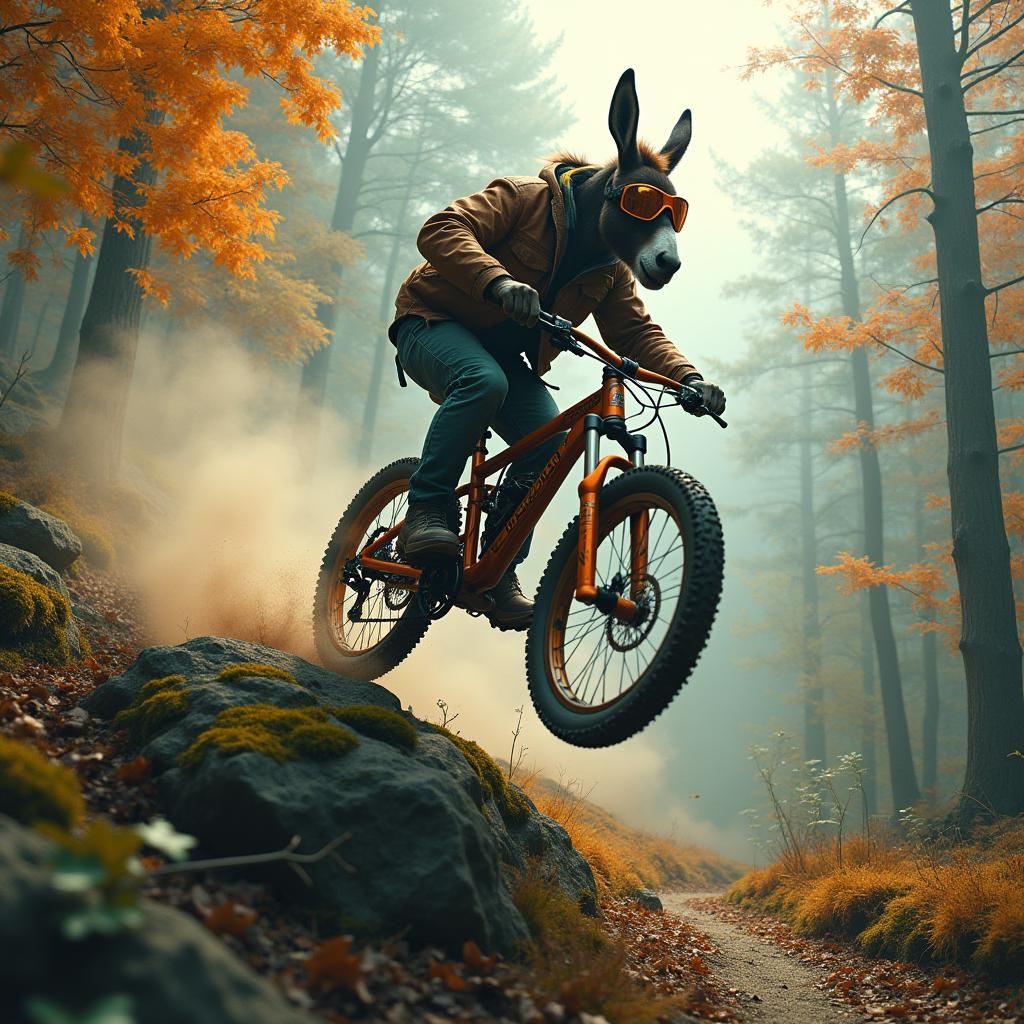 Donkey Mountain Biker Jumps in Misty Forest