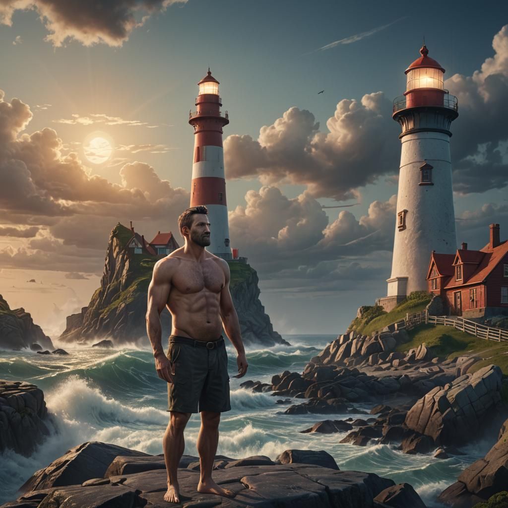 Pregnant Man at Lighthouse: Detailed Matte Painting