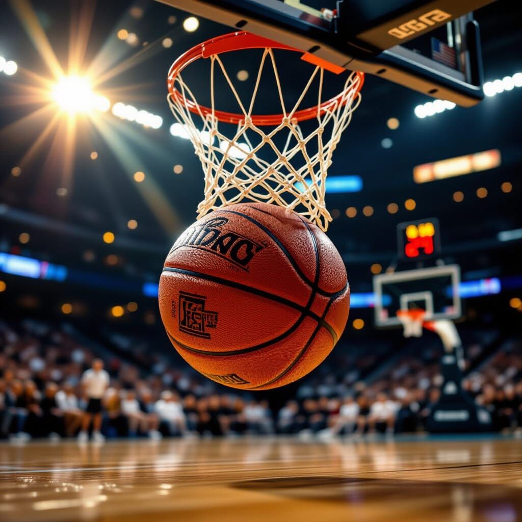 Basketball Mid-Air After Dunk, Golden Hour Lighting