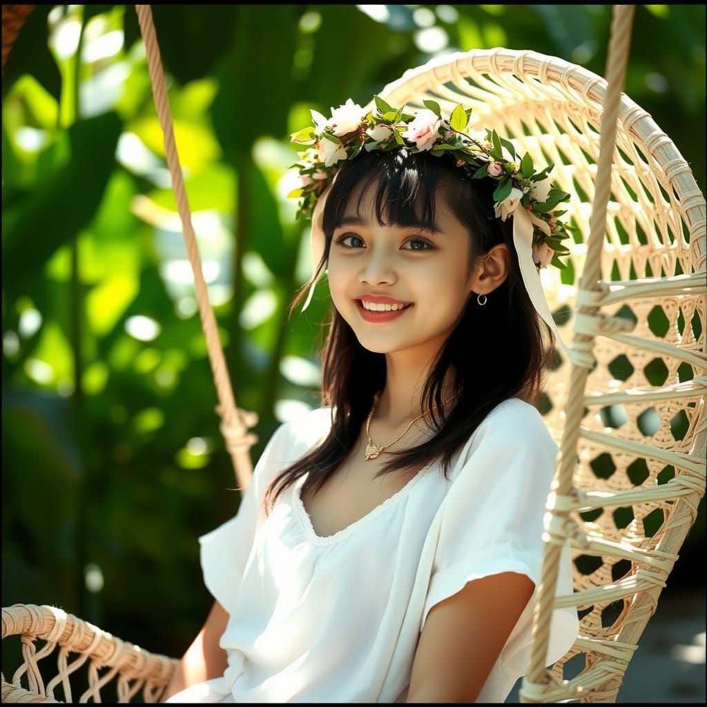 Girl on Rattan Swing in Sunlight