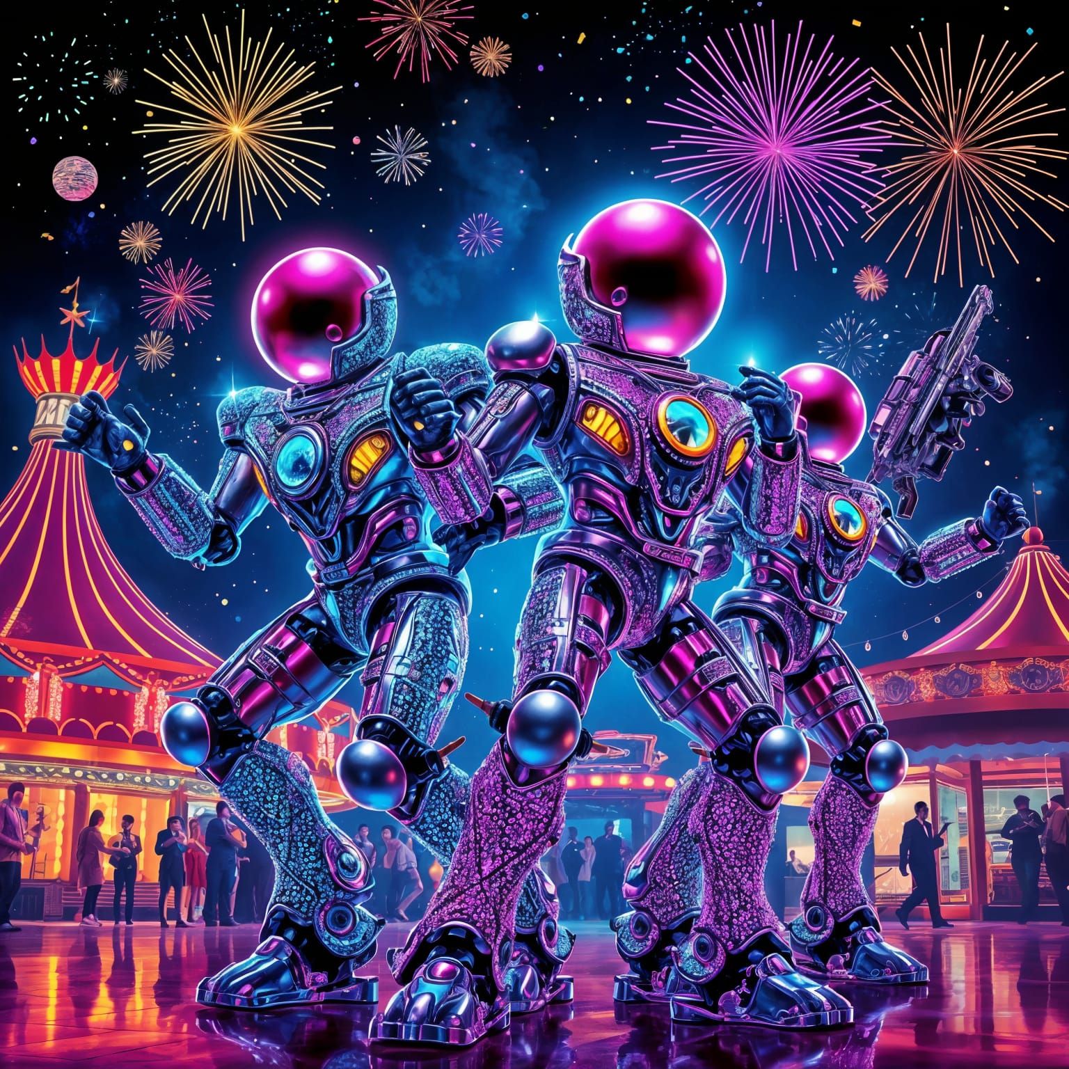 Disco Mechas Dance Off in Theme Park