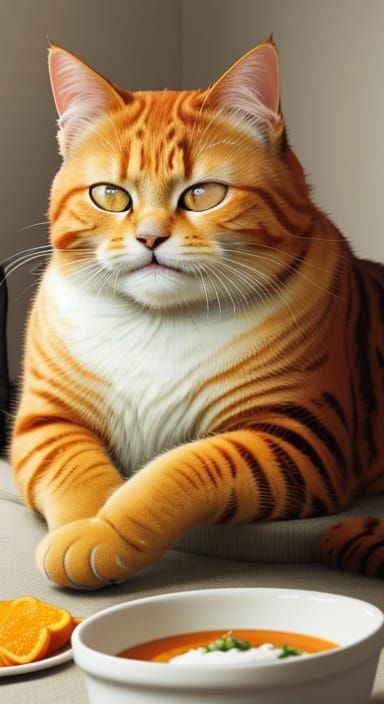 Chubby Orange Cat Enjoys Meal in Cozy Lighting