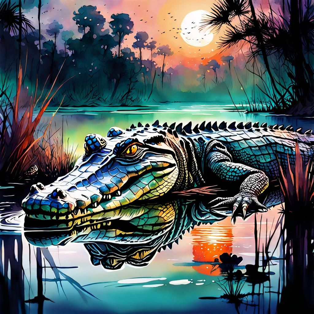 Night Swamp Alligator in Digital Watercolor Style