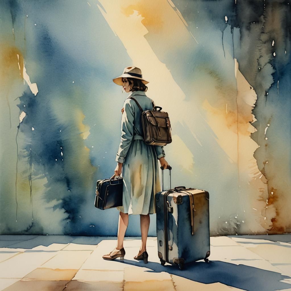 Woman with Luggage in Surreal Watercolor Style