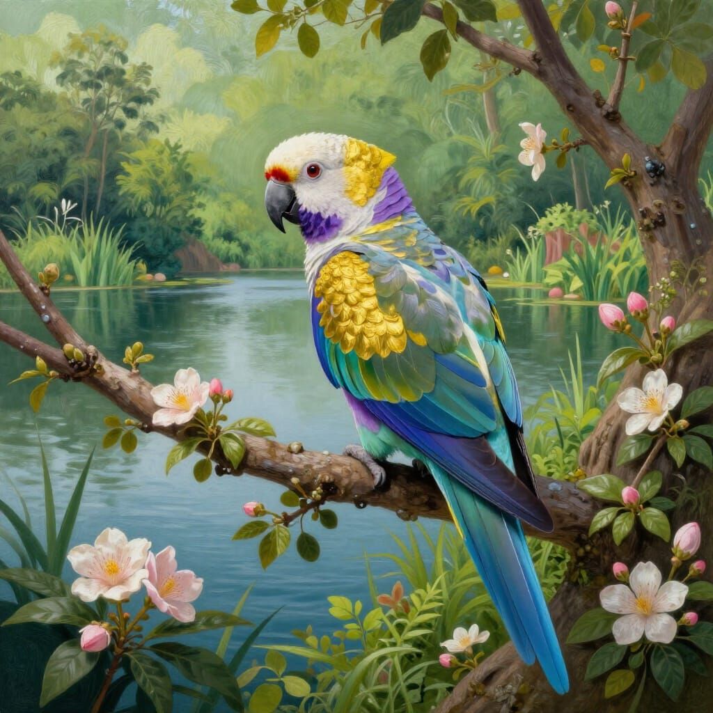 Vibrant Parrot on Branch in Digital Painting Style