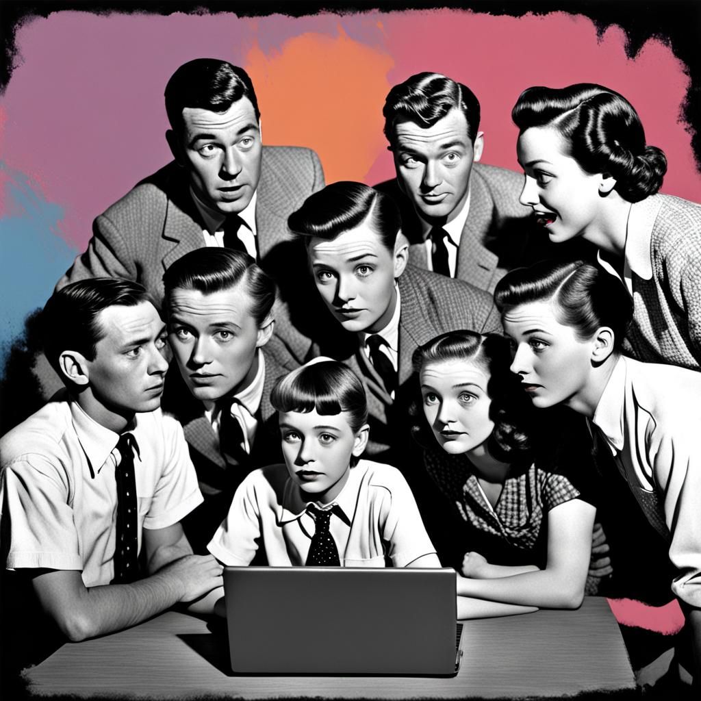 1950s Group Mesmerized by Laptop: Vintage Photo