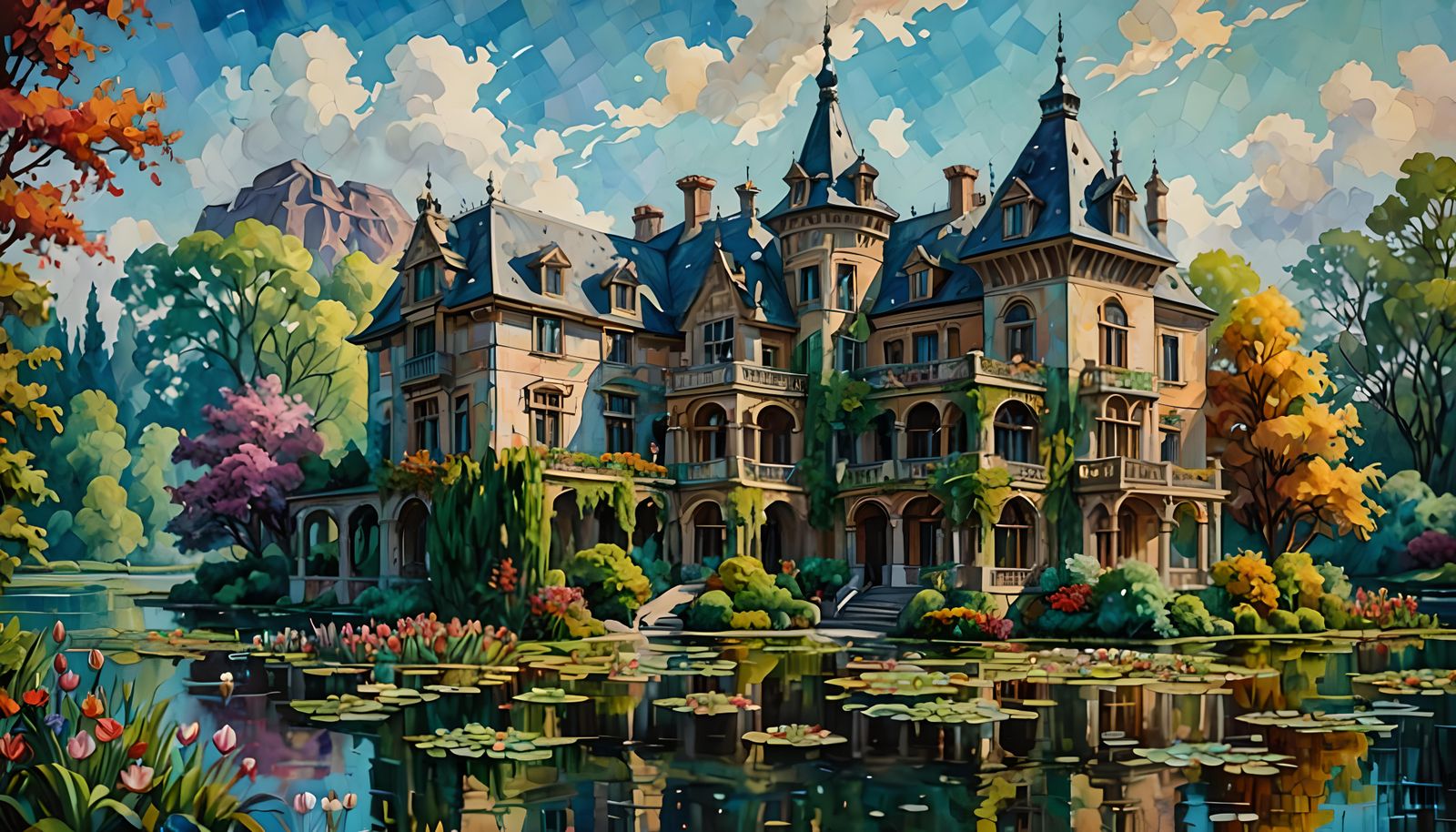 Renaissance Mansion by Lake: Watercolour Impasto Painting