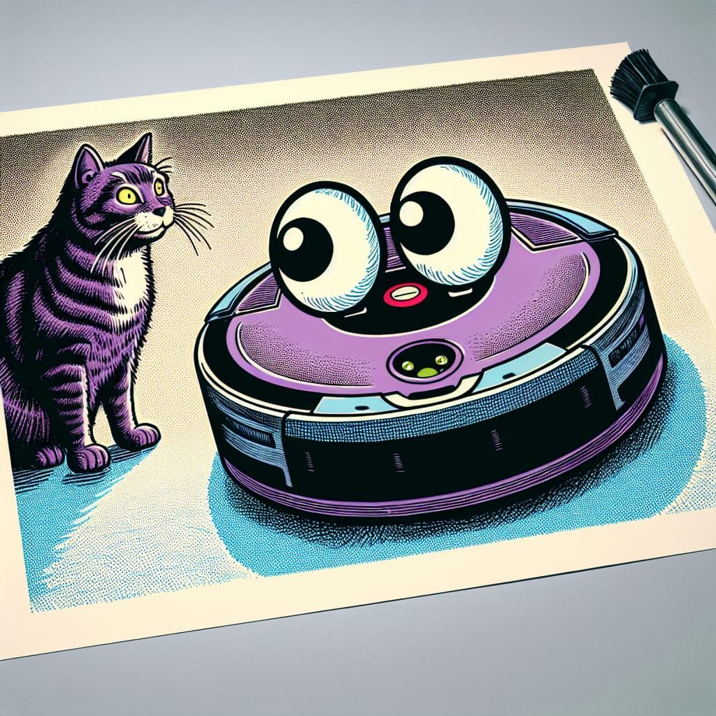 Whimsical Cat and Googly-Eyed Roomba Poster Art