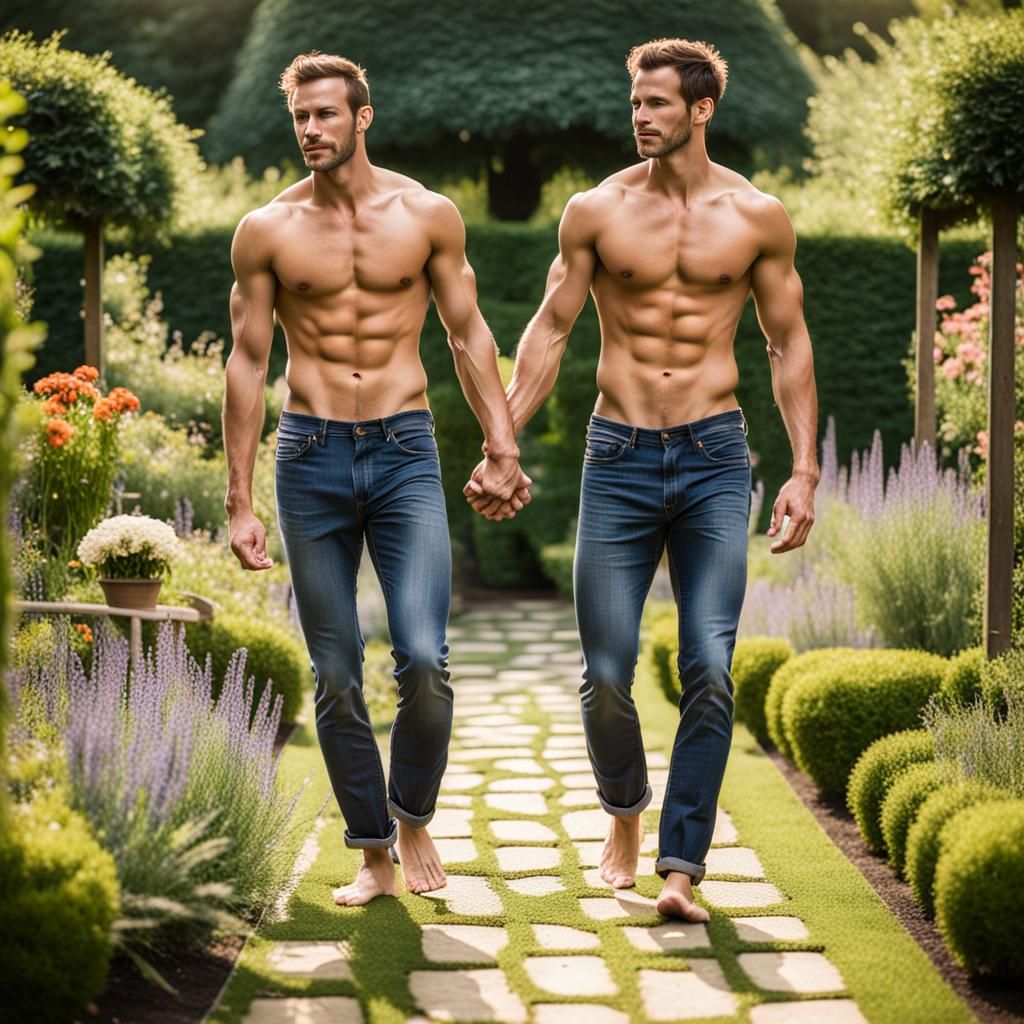 Shirtless Men Holding Hands in Garden