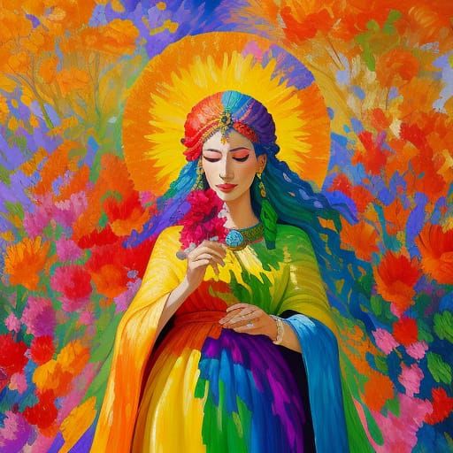 Goddess in Fauvist Garden: Vibrant Oil Painting