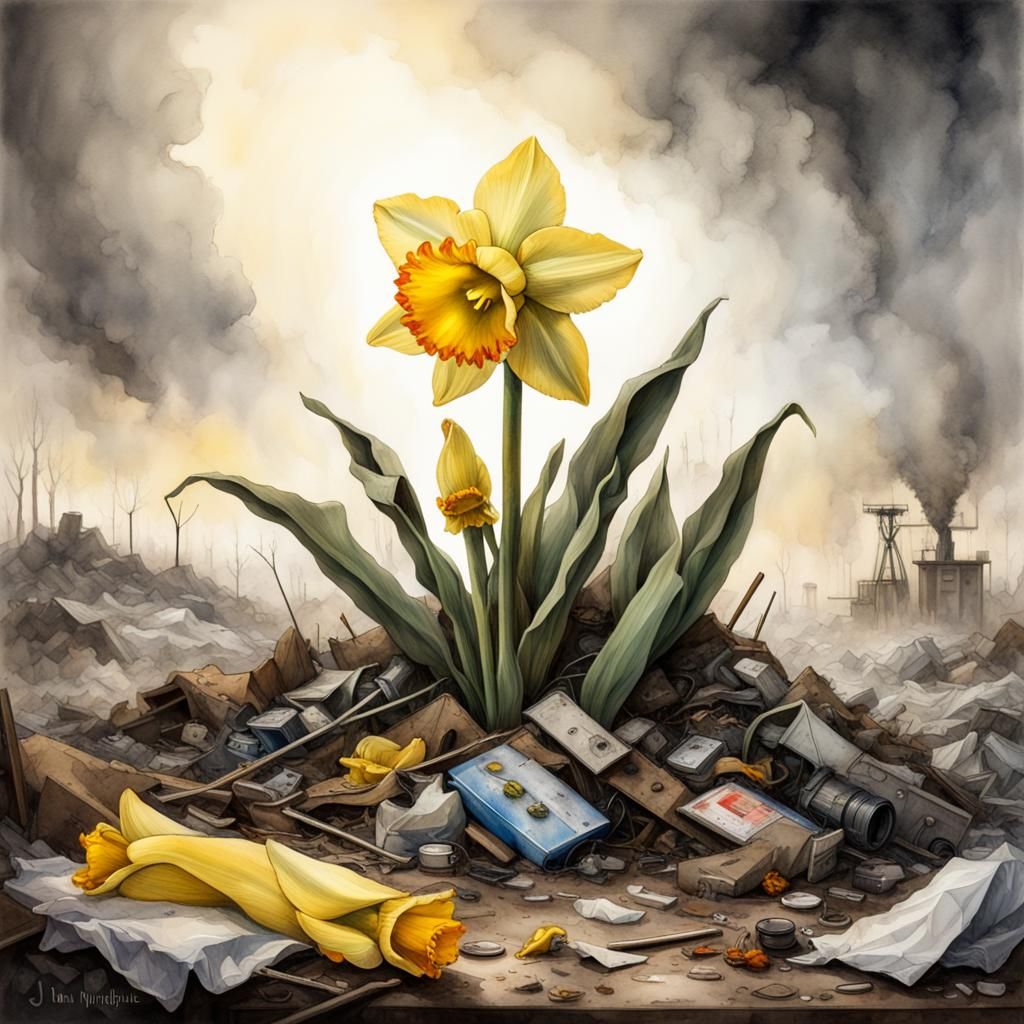 Daffodil in Landfill: Fantasy Watercolor Art