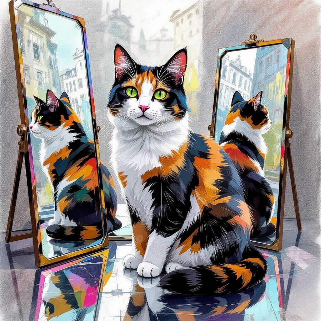 Kaleidoscopic Calico Cat in Mirrored Reflections, Charcoal D...