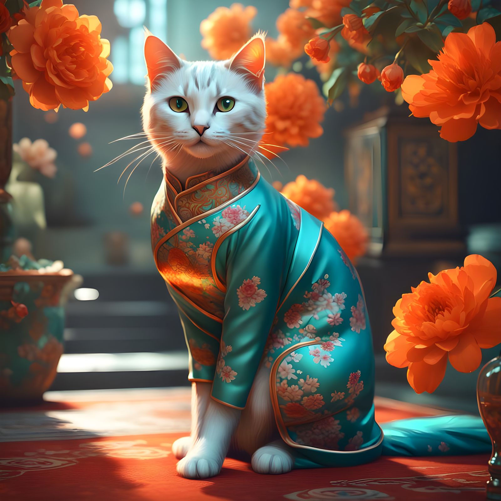 Cat in Cheongsam with Flowers, Hyperdetailed Digital Art