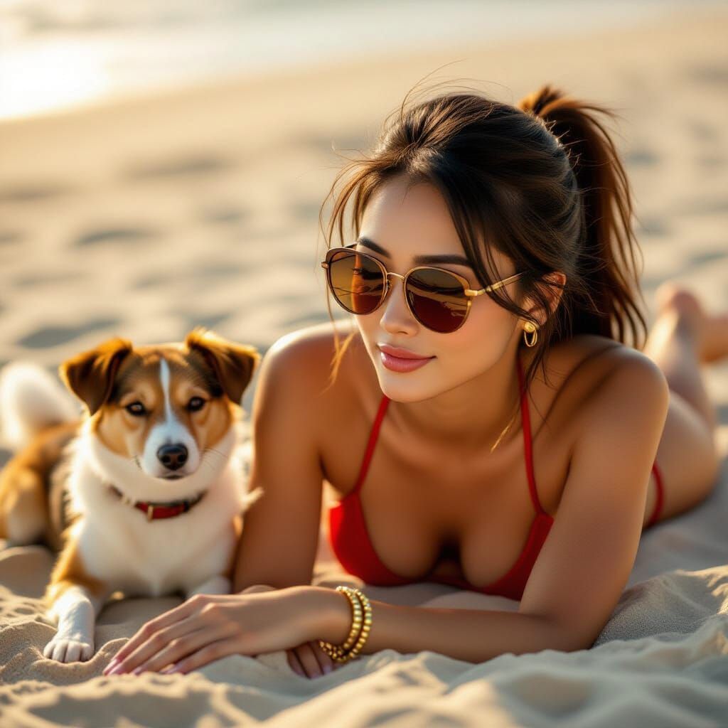 Asian Woman Relaxing on Beach with Dog, Golden Hour