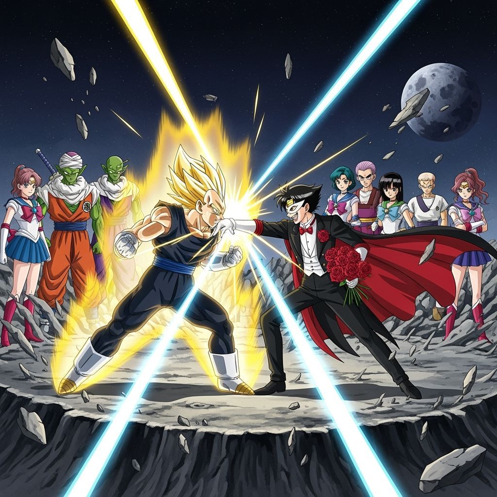 Epic Anime Battle: Vegeta vs Tuxedo Mask in Lunar Crater