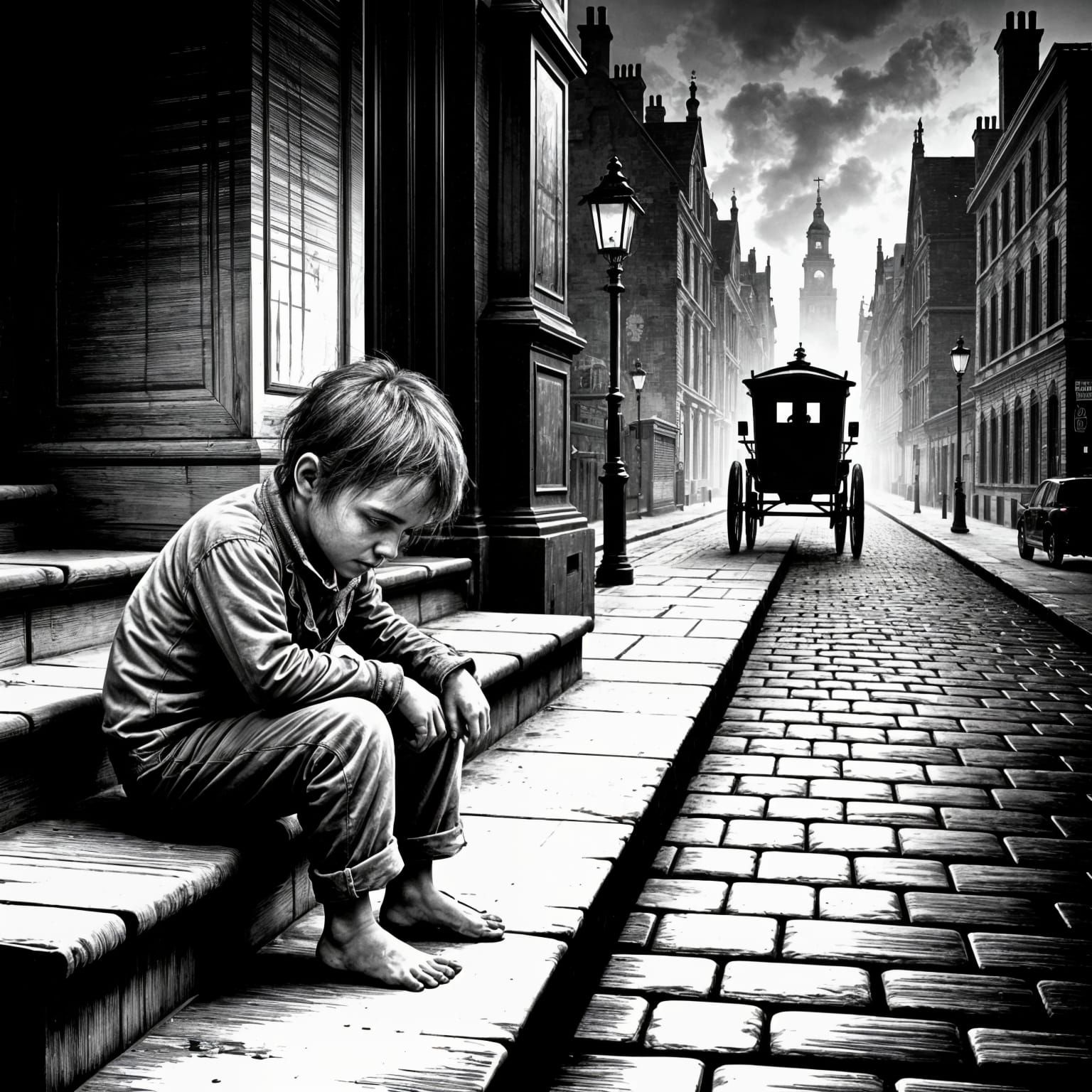 Victorian London Street Scene in Gritty Pen-and-Ink Style