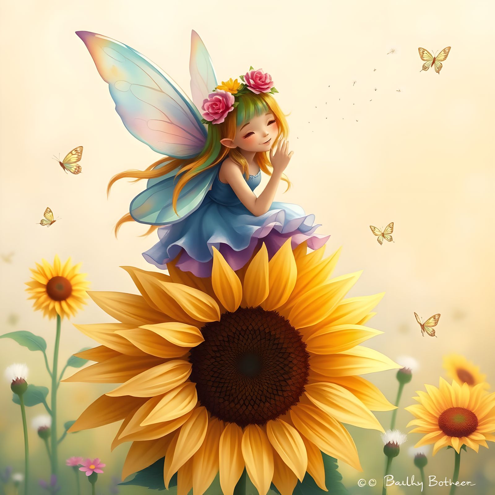 Rainbow Pixie in Summer Meadow, Watercolor Style