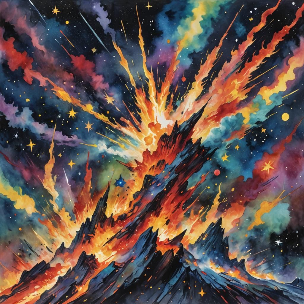 Cosmic Genesis in Gouache Watercolor Style