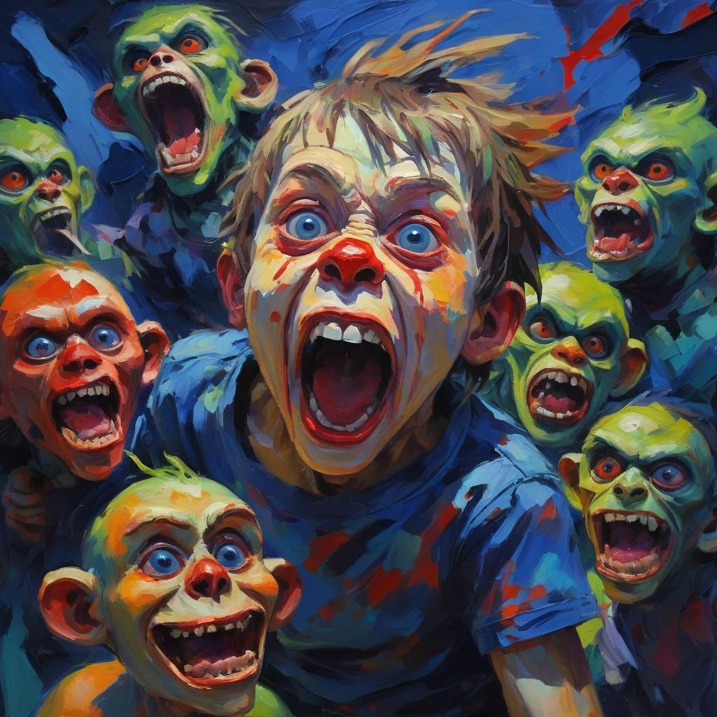 Child Tormented by Zombie Clowns: Expressionist Oil Painting