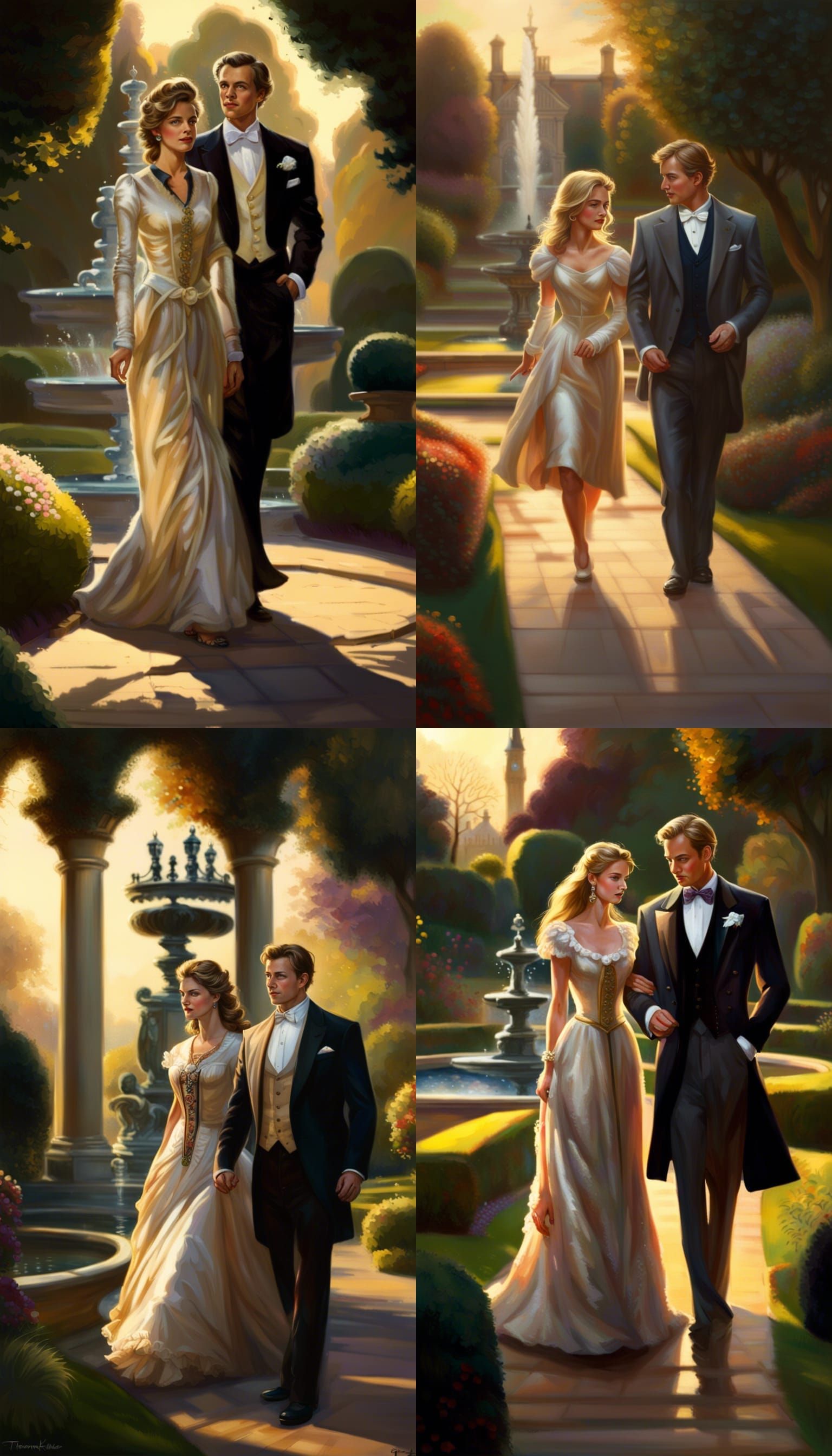 Very handsome British Prince and Beautiful Princess in traditional attire walking in formal British garden with fountain...