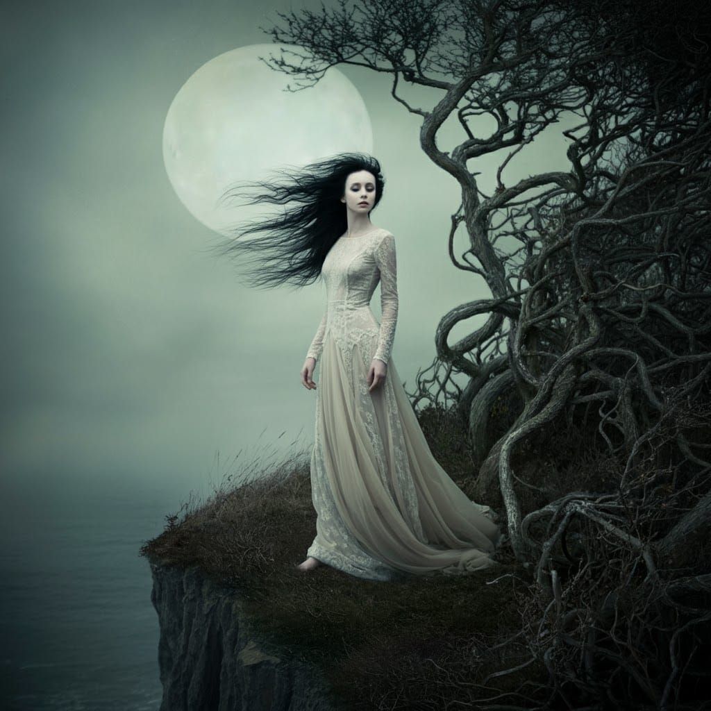 Moonlit Woman on Windswept Cliff in Ethereal Style