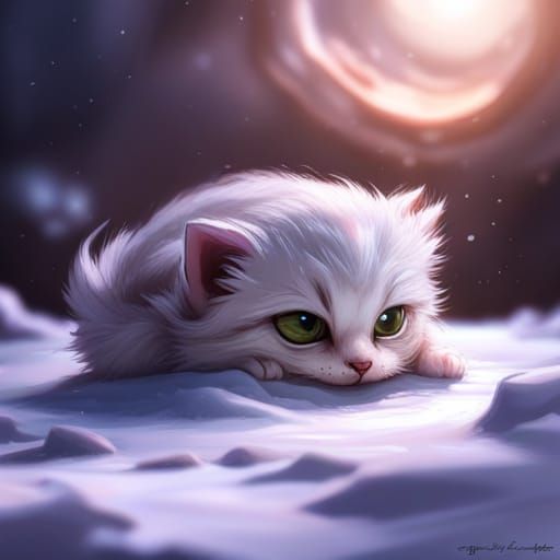 Fluffy Kitten Asleep During Snowstorm in Hyperdetailed Style