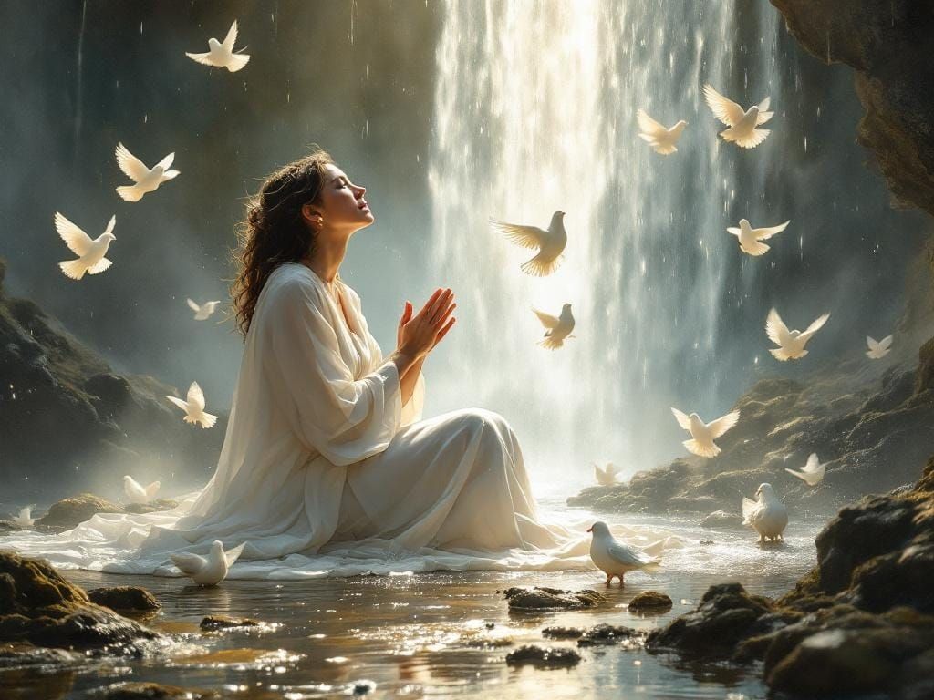 Serene Worship Leader Praying Under Waterfall