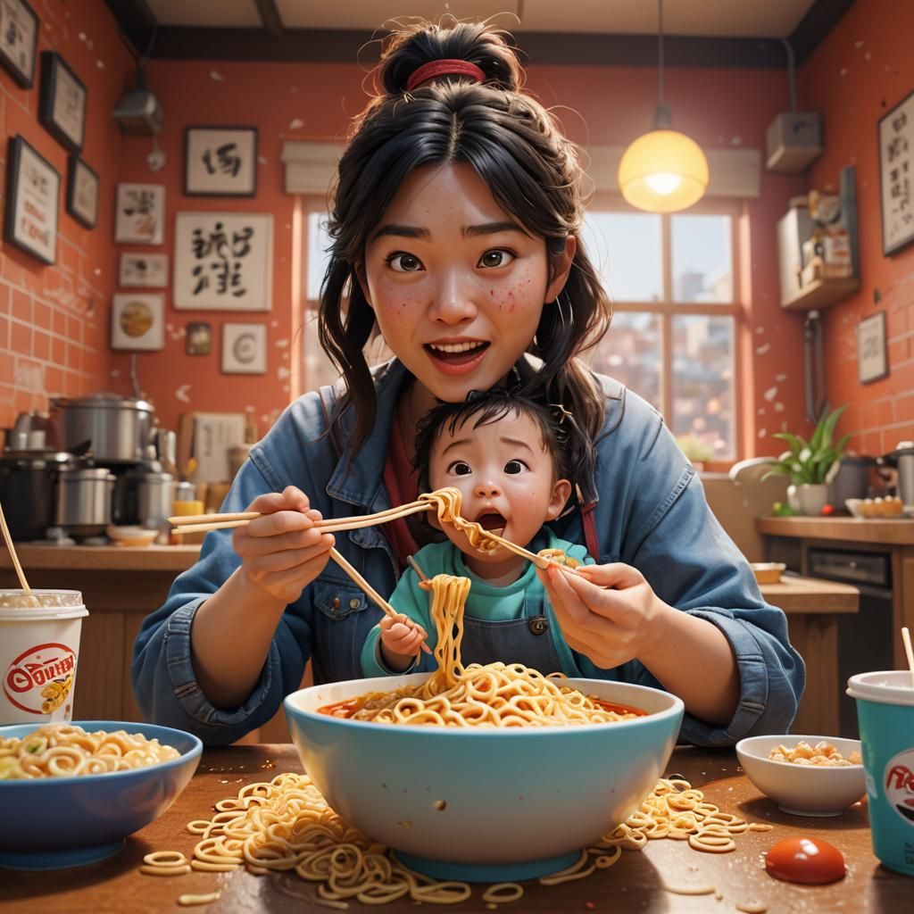 Mother and Baby Enjoying Ramen in 3D Style