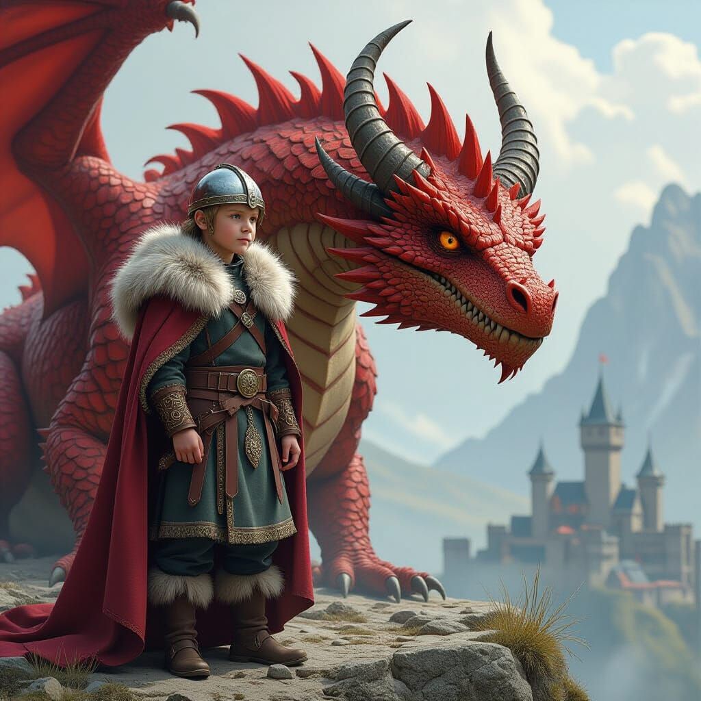 Viking Boy and Dragon in Mythic Landscape