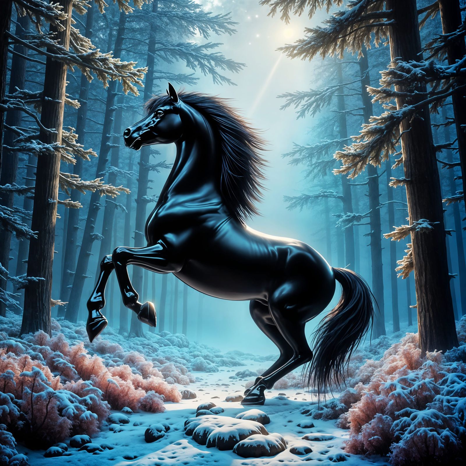 Majestic Black Horse in Dual Season Magic Forest
