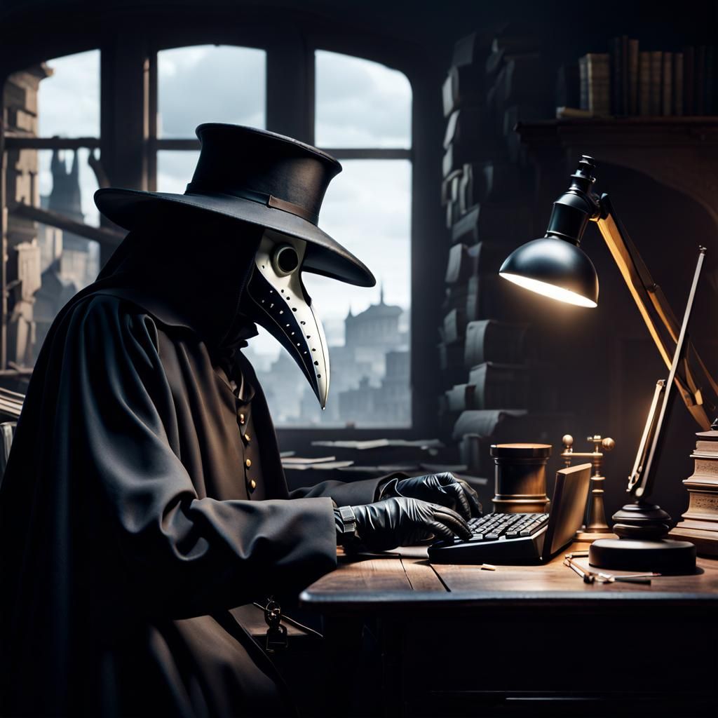 Hyperrealistic Plague Doctor Working During Apocalypse