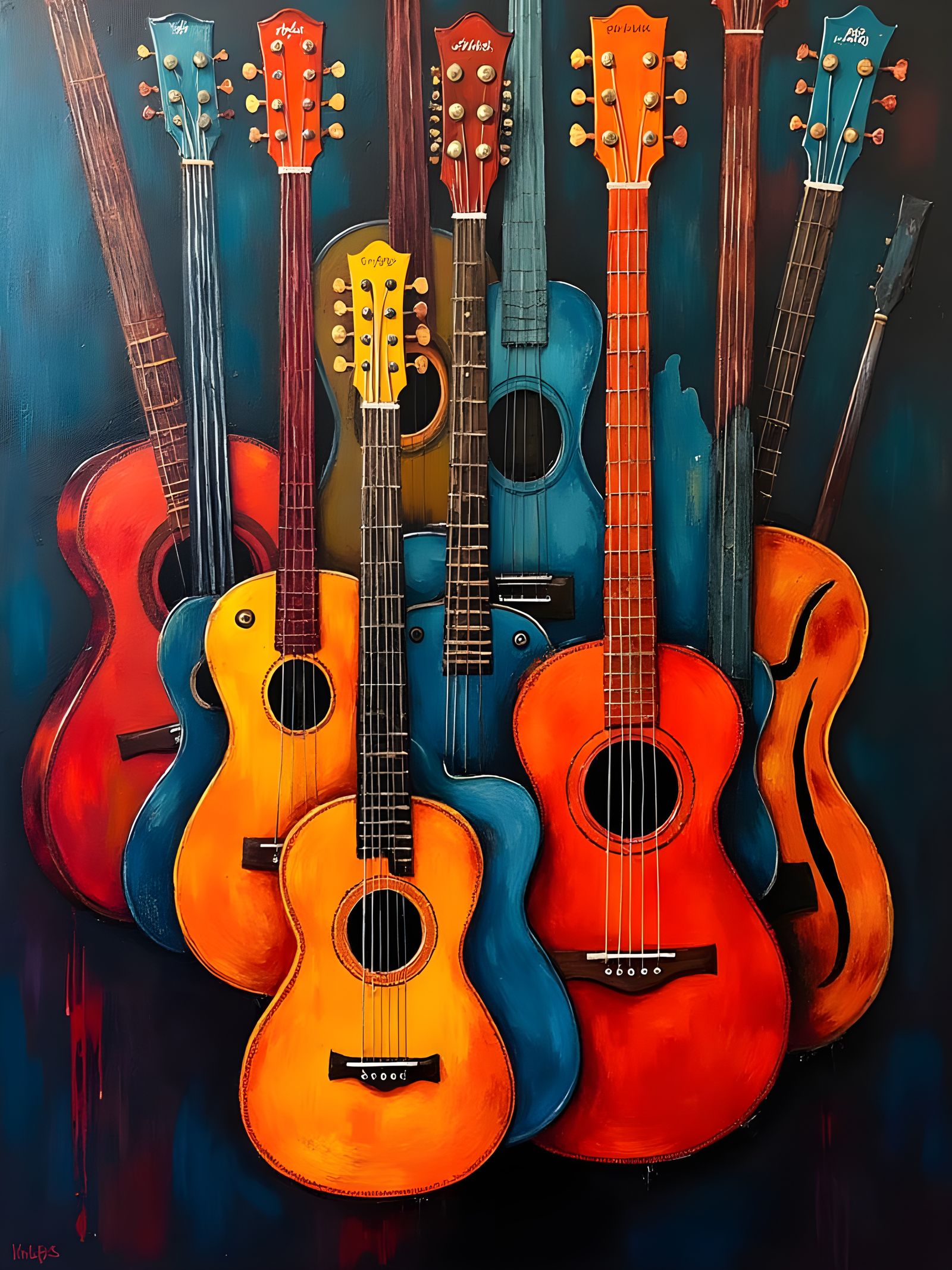 Vibrant Acoustic Guitars in Neo-Impressionist Oil Painting