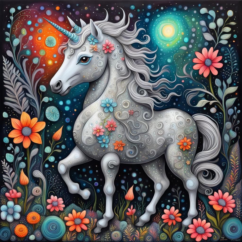 Whimsical Unicorn in Bioluminescent Garden, Zentangle Style
