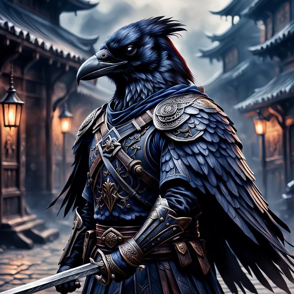 Hyperrealistic Raven Swordsman in Cinematic Composition