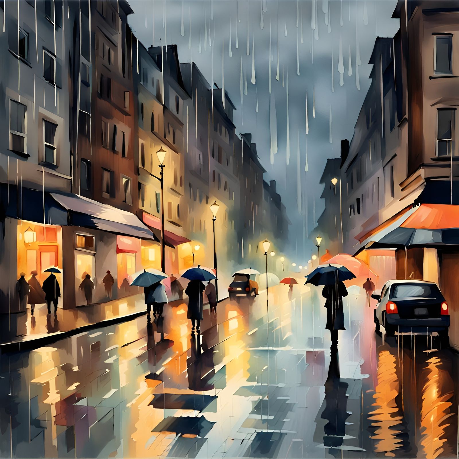 Rainy Street View: Neo-Impressionist Oil Painting