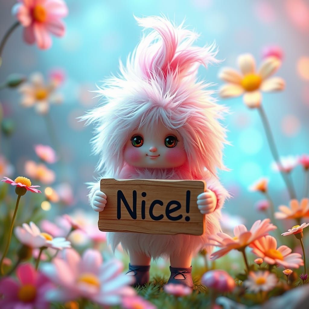 Fluffy Doll Holds "Nice!" Sign in Surreal Wonderland