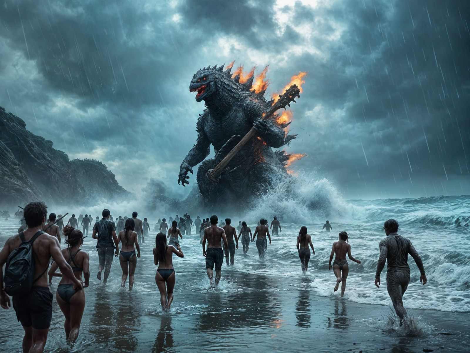 Godzilla Plays Guitar During Beach Rainstorm