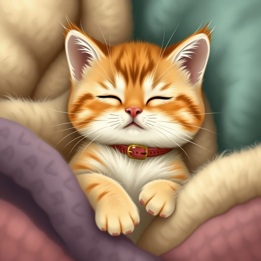 Cozy Baby Cat Snoozes Among Whimsical Textures