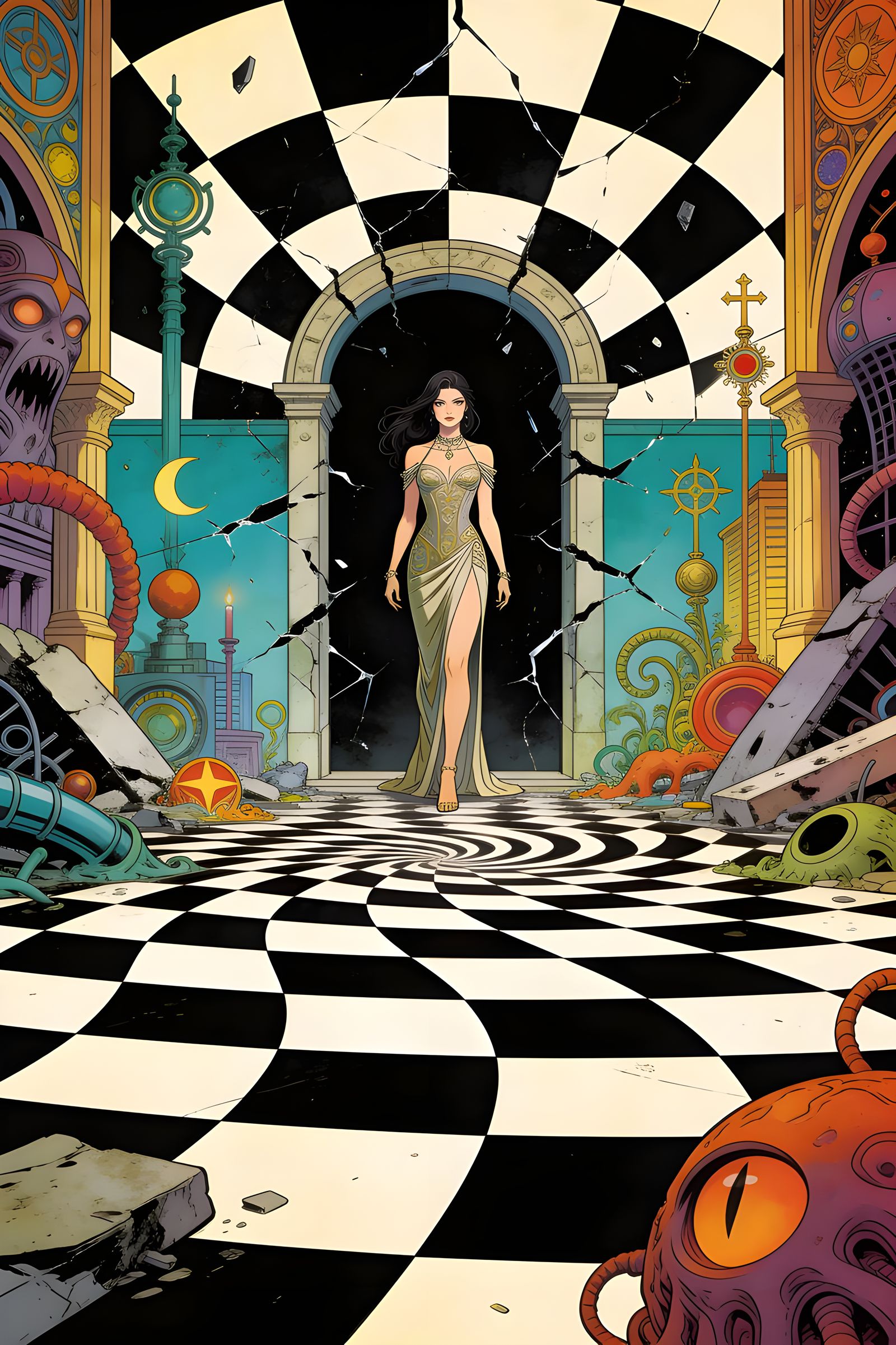 Fractured World Mythic Figure in Dark Comic Style