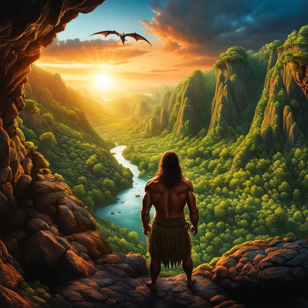 Epic Caveman Gazing at Primeval Landscape