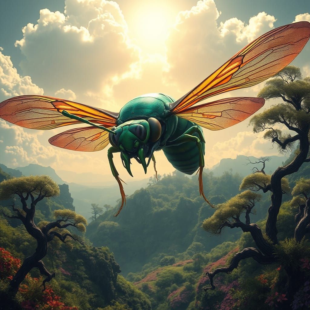 Iridescent Wasp Soars Above a Dreamlike Valley