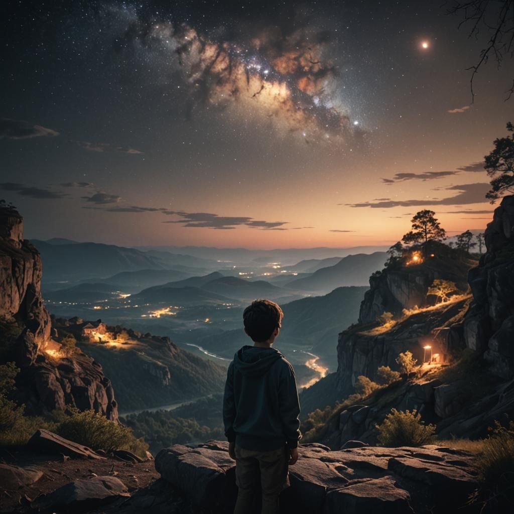 Boy Watches Shining Stars on a Dark Night