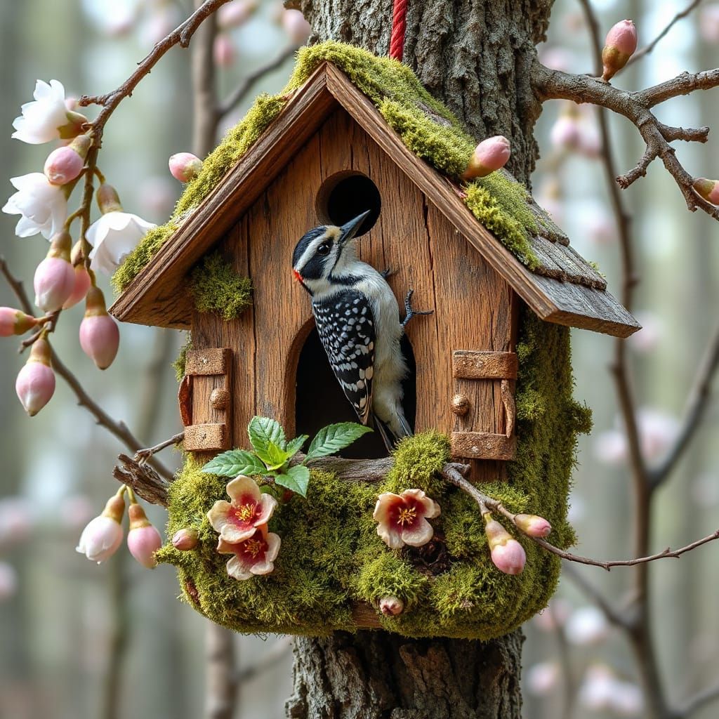 Moss Birdhouse with Woodpecker, Digital Art