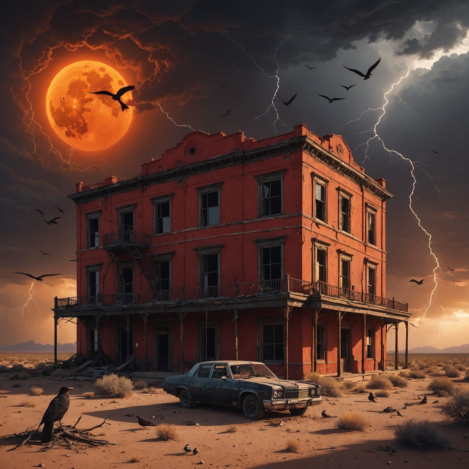 Sinister Abandoned Red Hotel in Desert Landscape