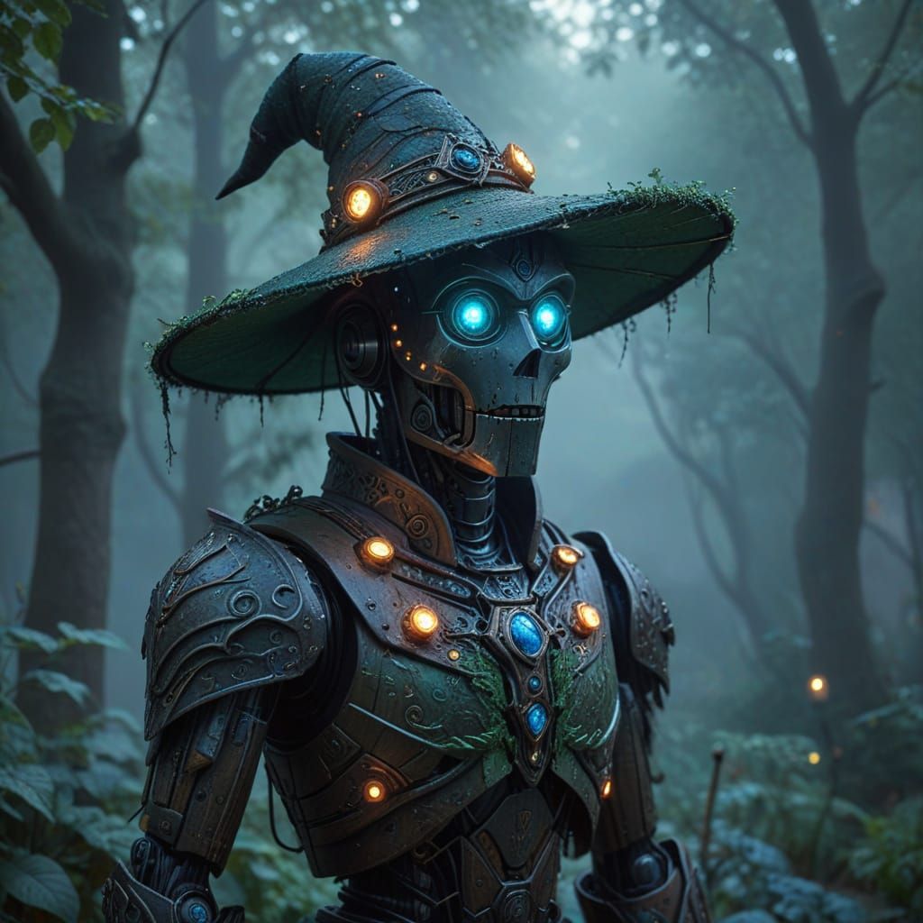 Magical Robot Wizard in Foggy Medieval Garden