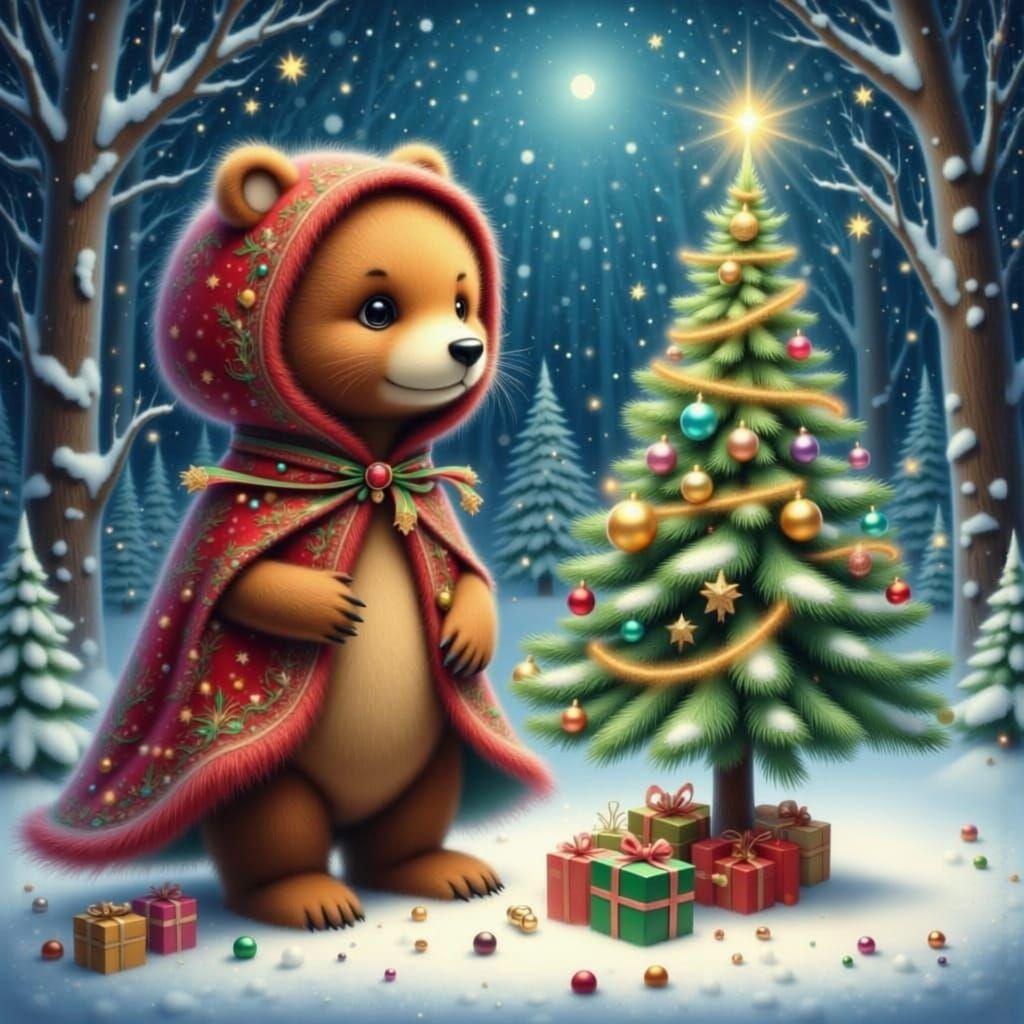 Bear in Christmas Cloak by Snow-Covered Tree