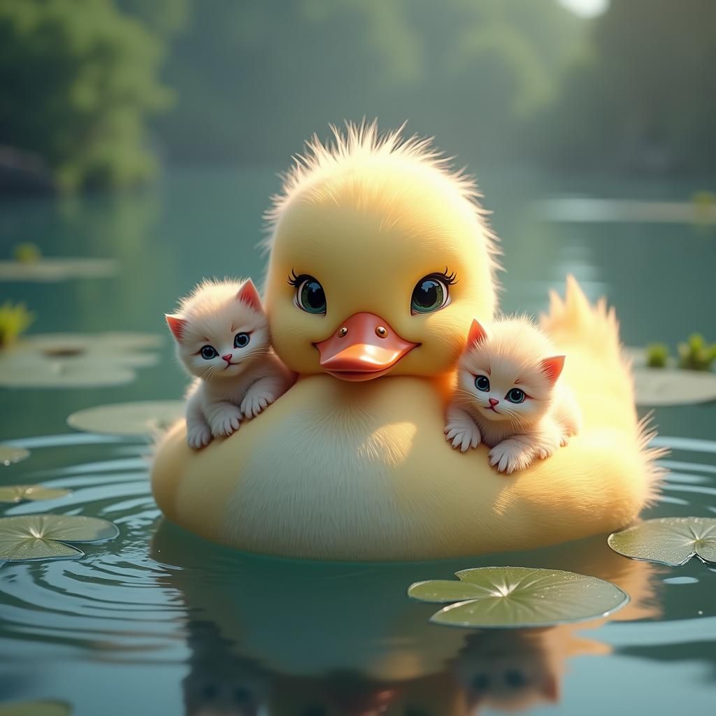 a giant floating duck in water. Has multiple adorable fluffy...