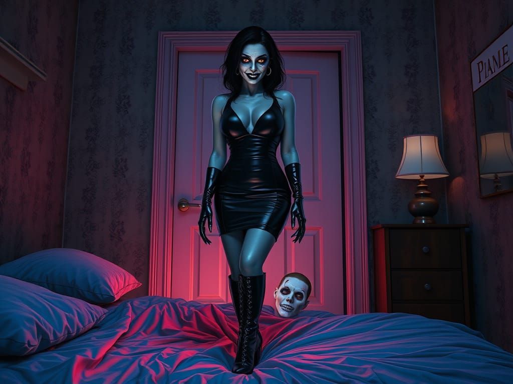 Scary Ghost Woman in Neon Leather Dress